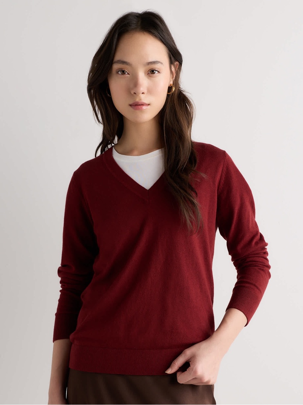 Quince Deep Brick Red Lightweight Cotton Cashmere V-Neck Sweater Size M